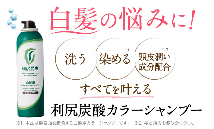 白髪の悩みに！洗う、染める、頭皮潤い成分配合、すべてを叶える利尻炭酸カラーシャンプー
