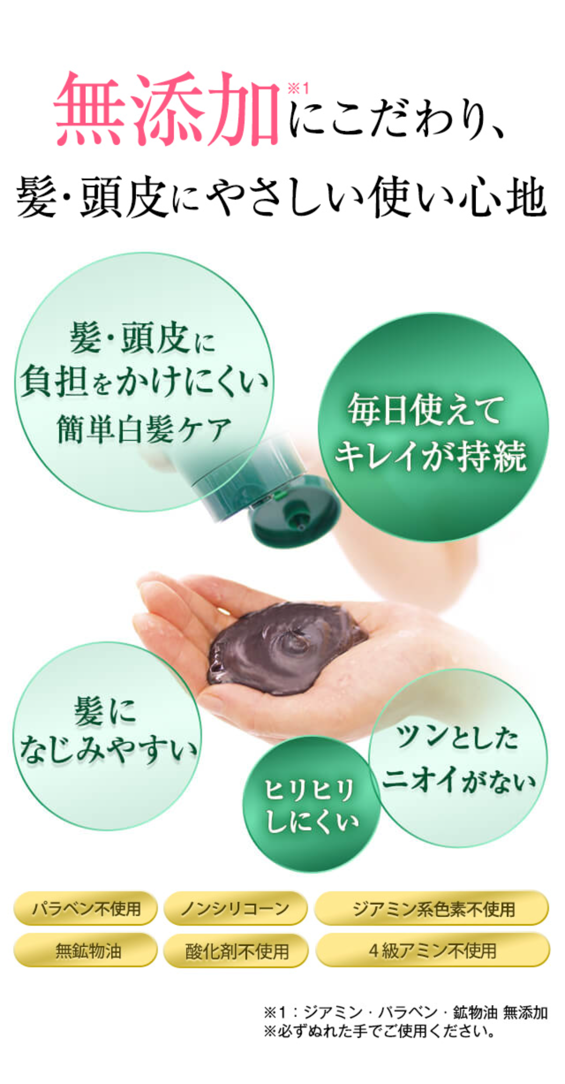 無添加にこだわり、髪・頭皮にやさしい使い心地
髪・頭皮に負担をかけにくい簡単白髪ケア／ツンとしたニオイがない／髪になじみやすい／ヒリヒリしにくい／毎日使えてキレイが持続