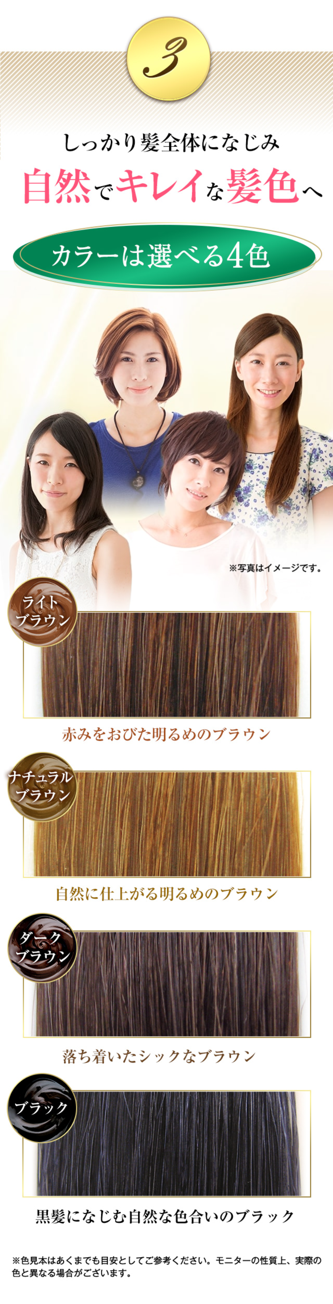 ③しっかり髪全体になじみ自然でキレイな髪色へ
カラーは選べる4色
■ライトブラウン…赤みをおびた明るめのブラウン　■ナチュラルブラウン（NEW）…自然に仕上がる明るめのブラウン
■ダークブラウン…落ち着いたシックなブラウン　■ブラック…黒髪になじむ自然な色合いのブラック