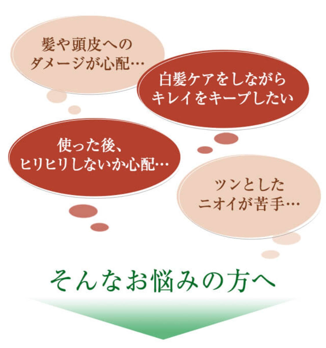 ■髪や頭皮へのダメージが心配…　■白髪ケアをしながらキレイをキープしたい　■使った後、ヒリヒリしないか心配…　■ツンとしたニオイが苦手…　そんなお悩みの方へ