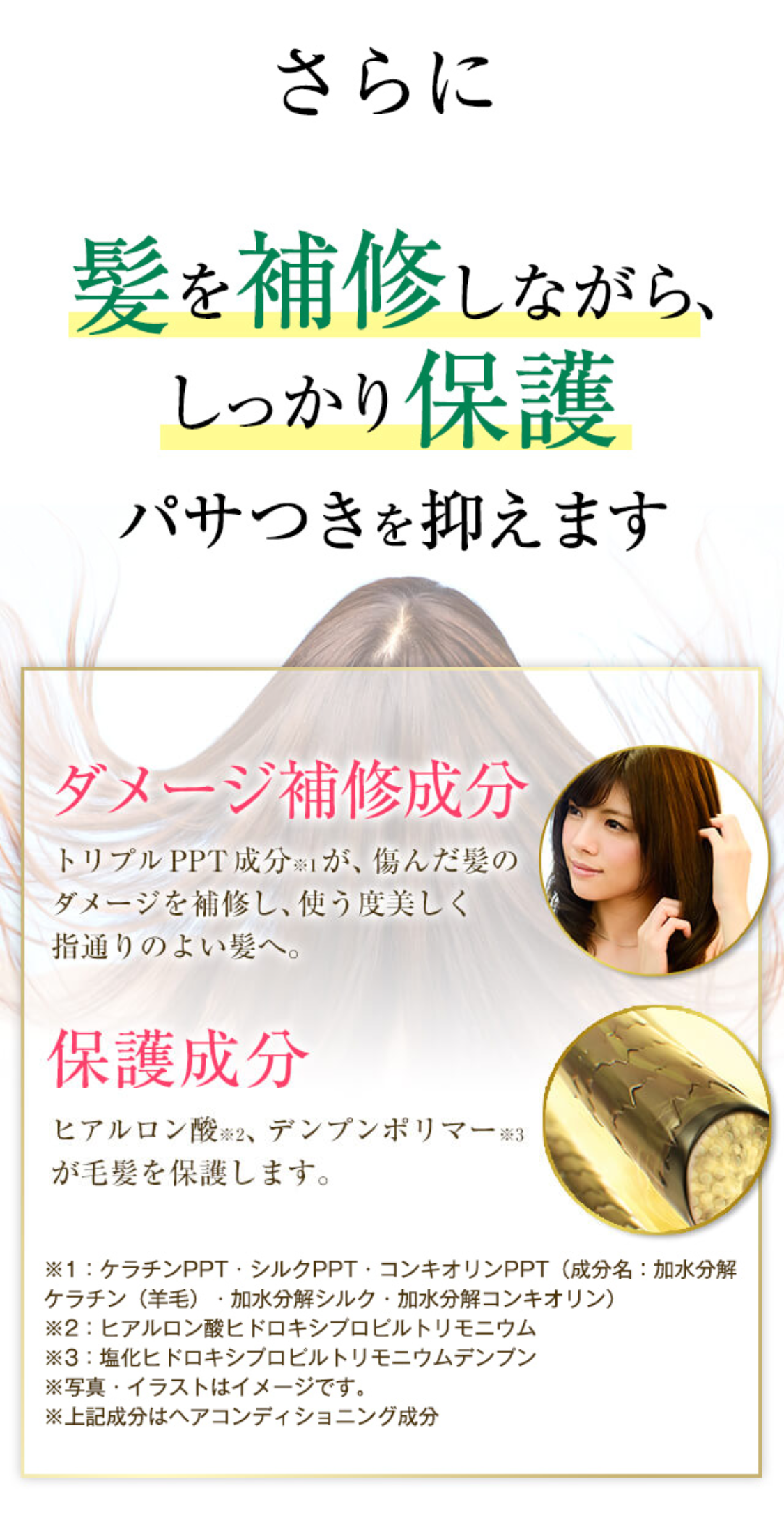 さらに
髪を補修しながら、しっかり保護　パサつきを抑えます
ダメージ補修成分・保護成分