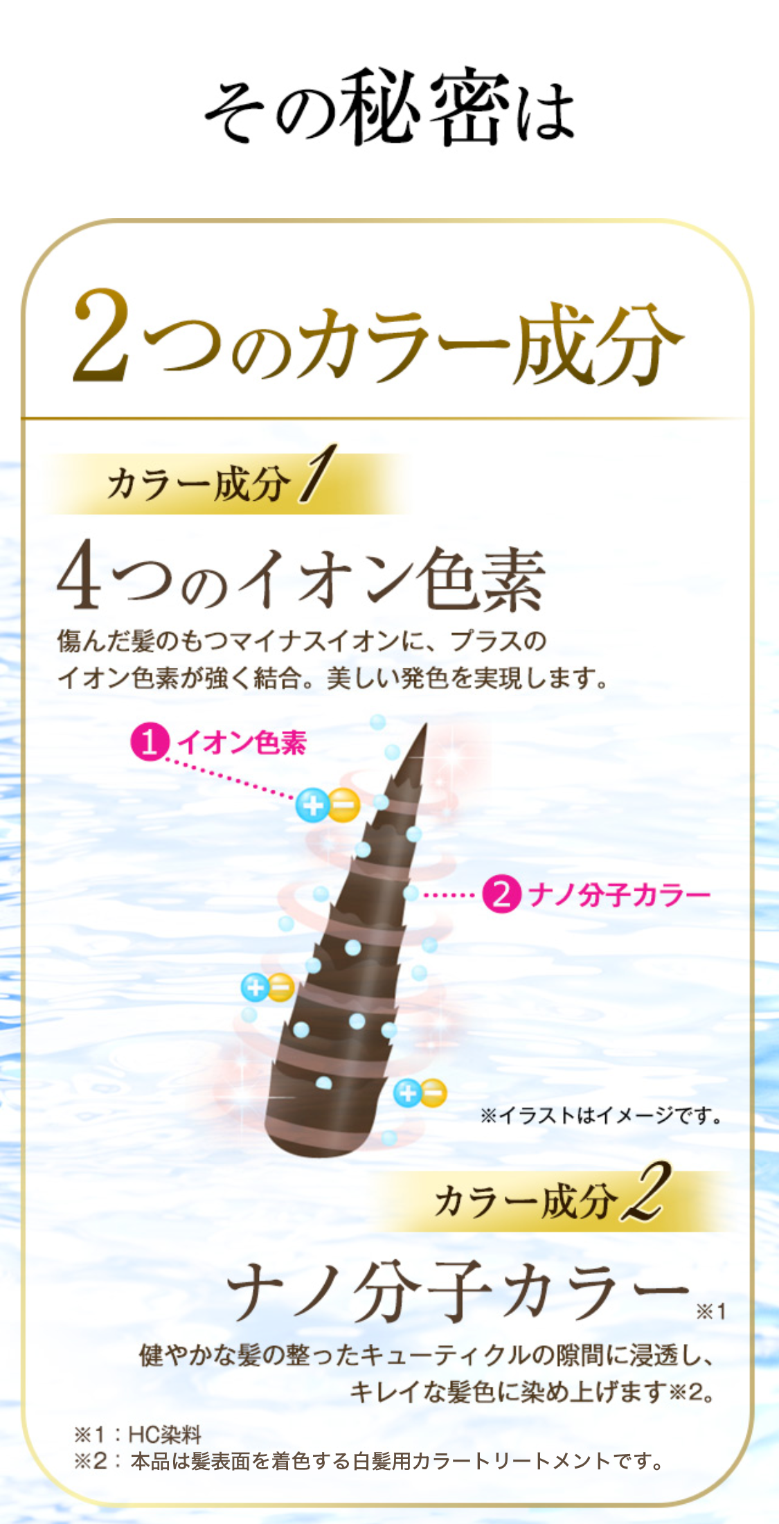 その秘密は
2つのカラー成分　①4つのイオン色素　②ナノ分子カラー