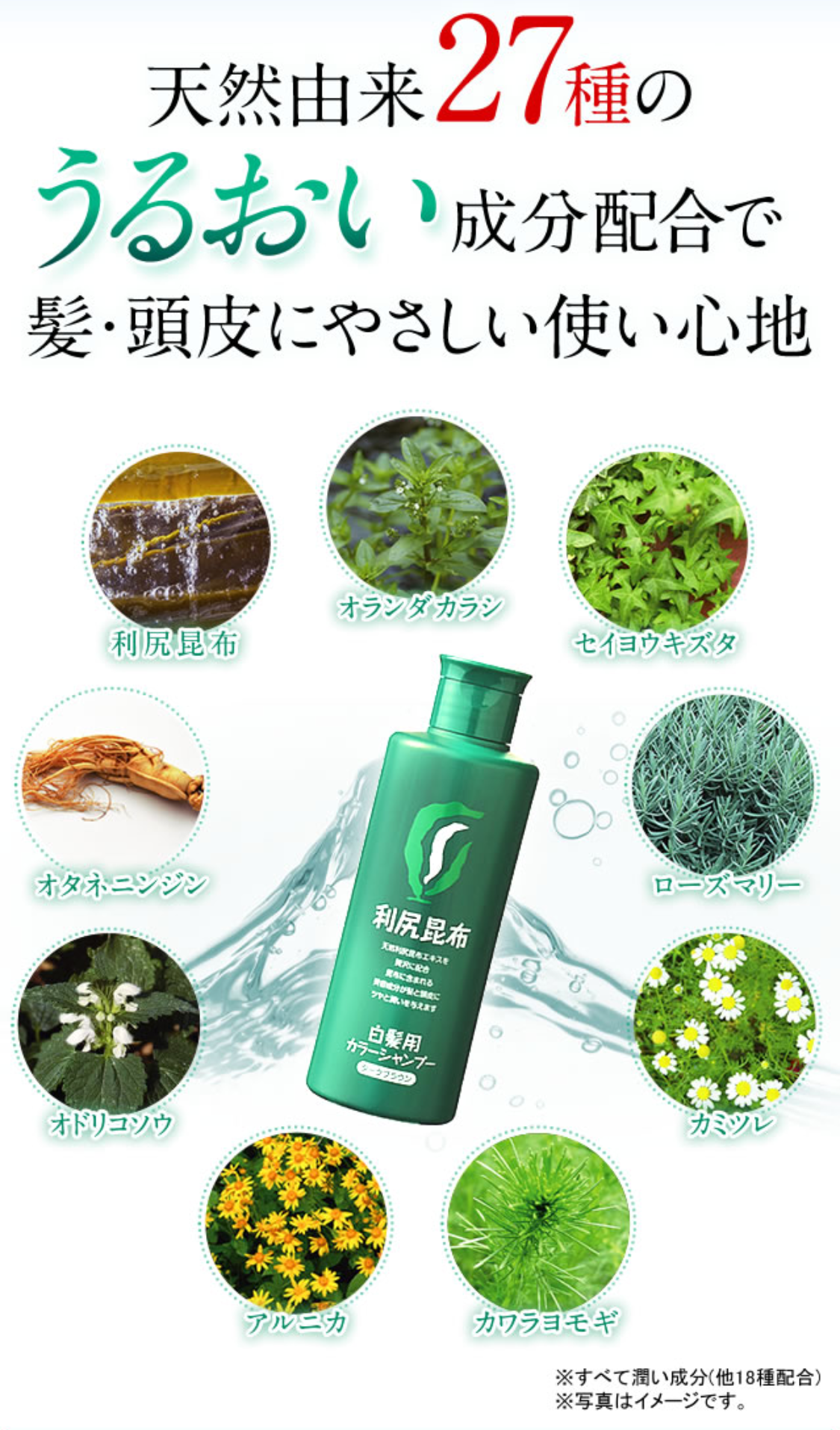 天然由来27種のうるおい成分配合で髪・頭皮にやさしい使い心地